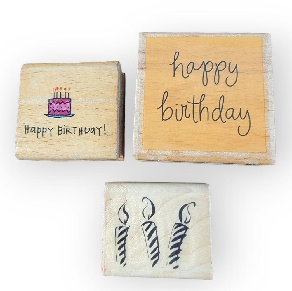 Lot of 3 wooden block rubber stamps for Birthday Happy Birthday